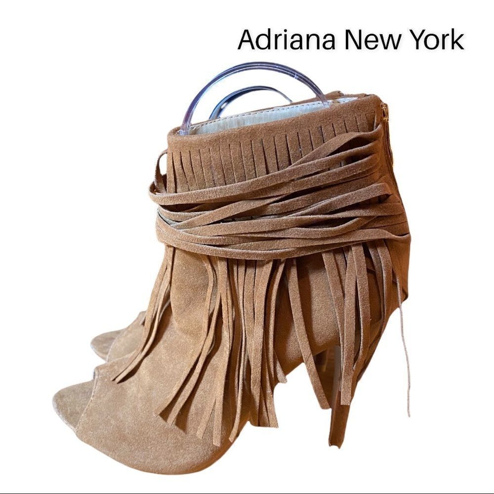 Adriana New York "Hilda" Chestnut Brown Fringe Heeled Boots Booties 6.5